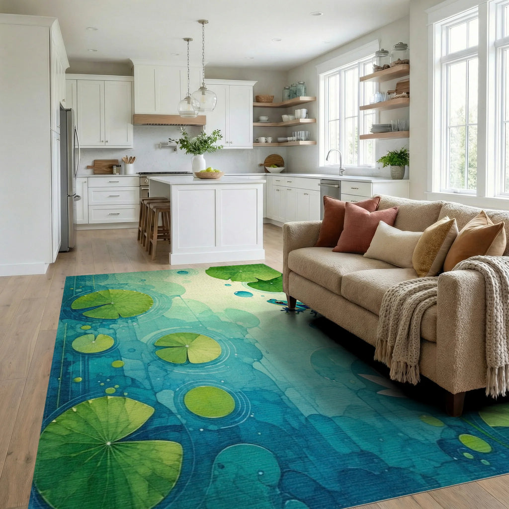 Whimsical Frog Pond Watercolor Design Rug - Living Room View