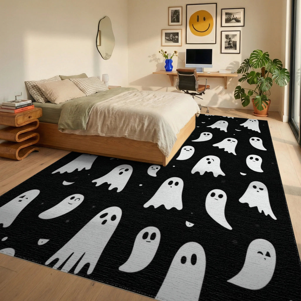 Whimsical Ghost Halloween Pattern Rug - Bedroom View