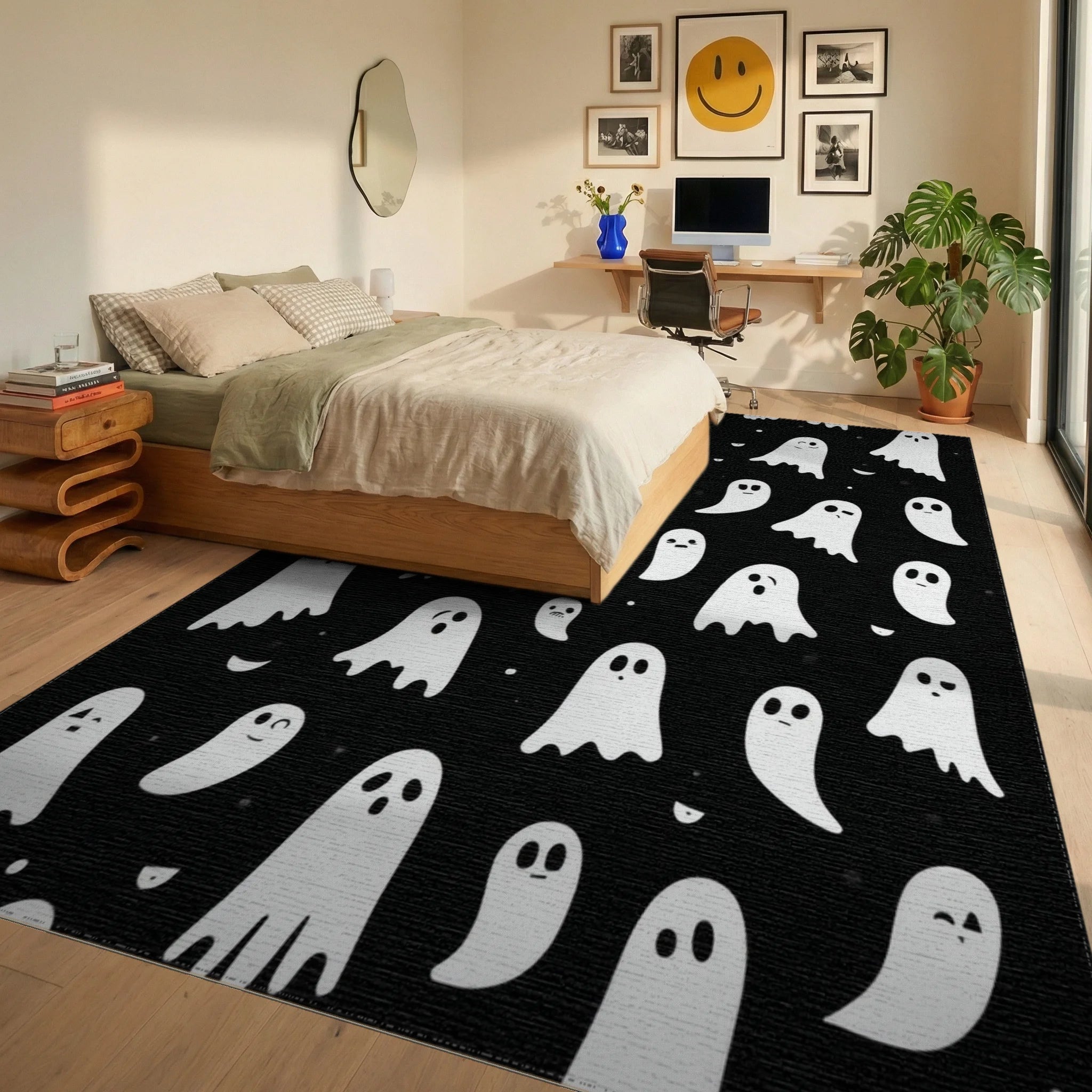 Whimsical Ghost Halloween Pattern Rug - Bedroom View