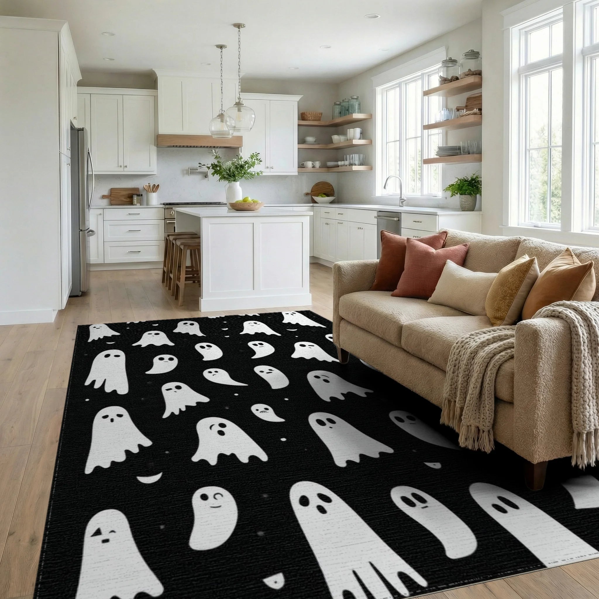 Whimsical Ghost Halloween Pattern Rug - Living Room View