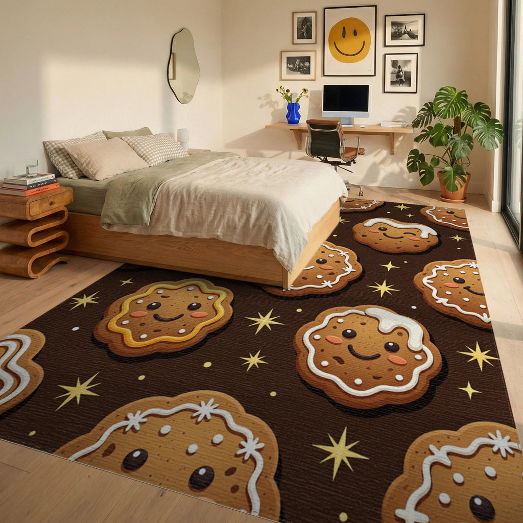 Whimsical Gingerbread Cookie Festive Brown Background Rug Bedroom View