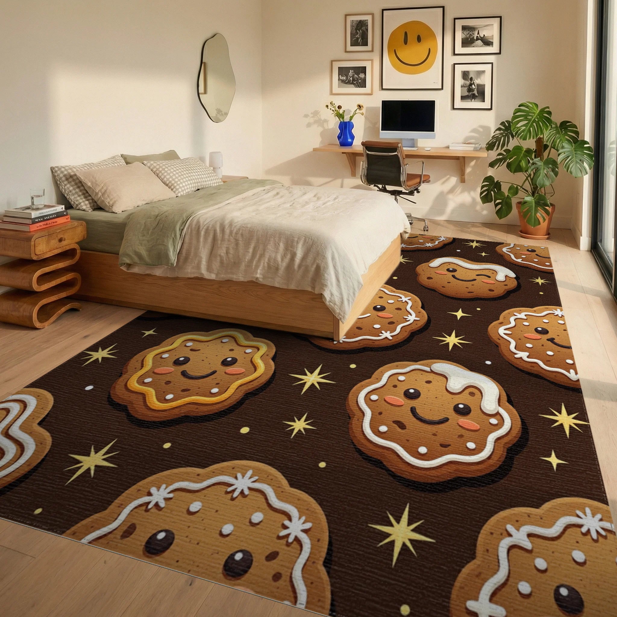 Whimsical Gingerbread Cookie Festive Brown Background Rug Bedroom View