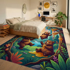 Whimsical Golden Bear Forest Scene Rug Bedroom View