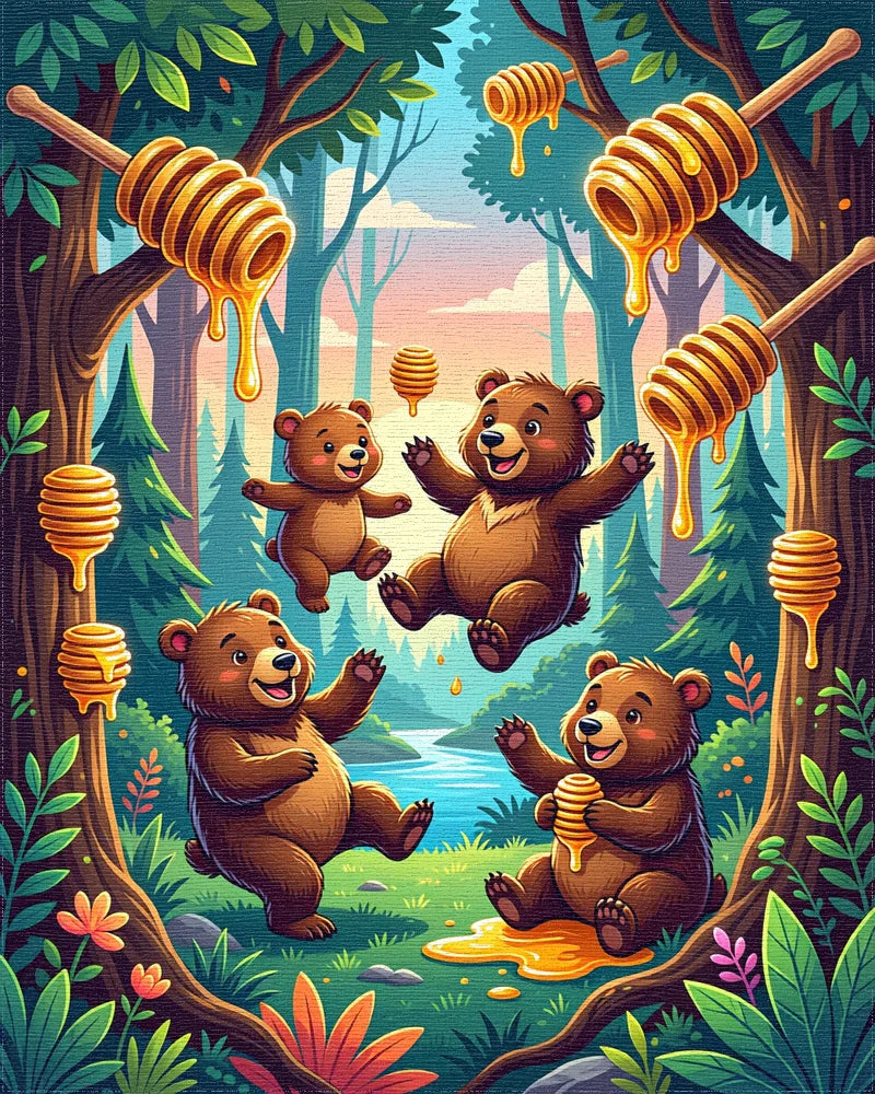 Whimsical Golden Bear Forest Scene Rug - Cutout View