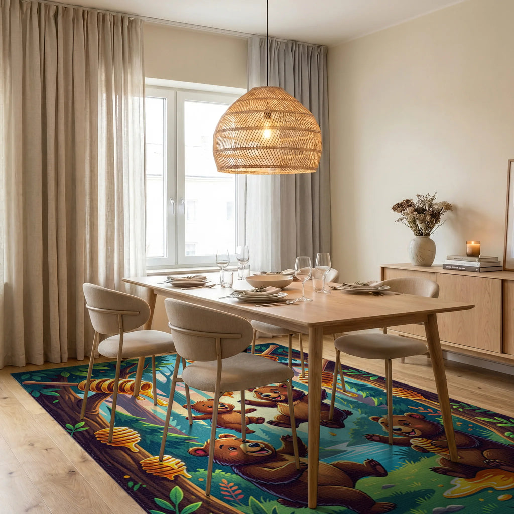 Whimsical Golden Bear Forest Scene Rug Dining Room View