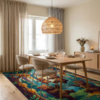 Whimsical Golden Bear Forest Scene Rug Dining Room View