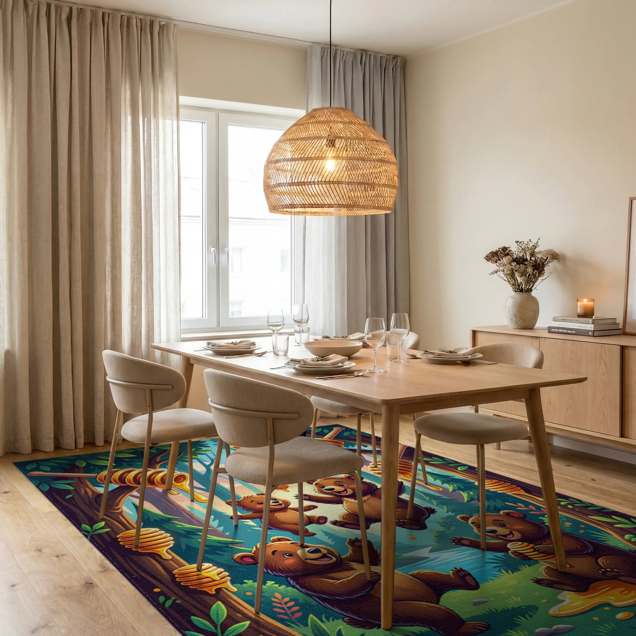 Whimsical Golden Bear Forest Scene Rug Dining Room View