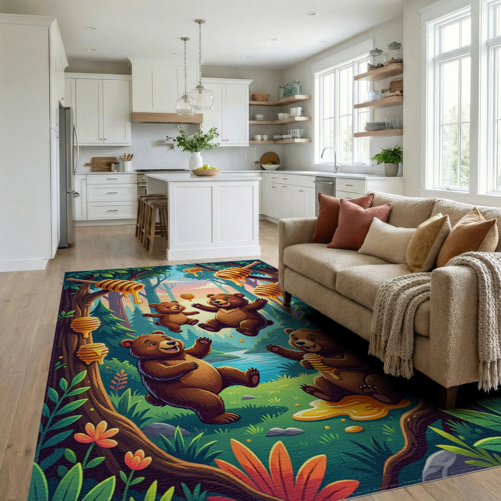 Whimsical Golden Bear Forest Scene Rug Living Room View