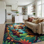 Whimsical Golden Bear Forest Scene Rug Living Room View