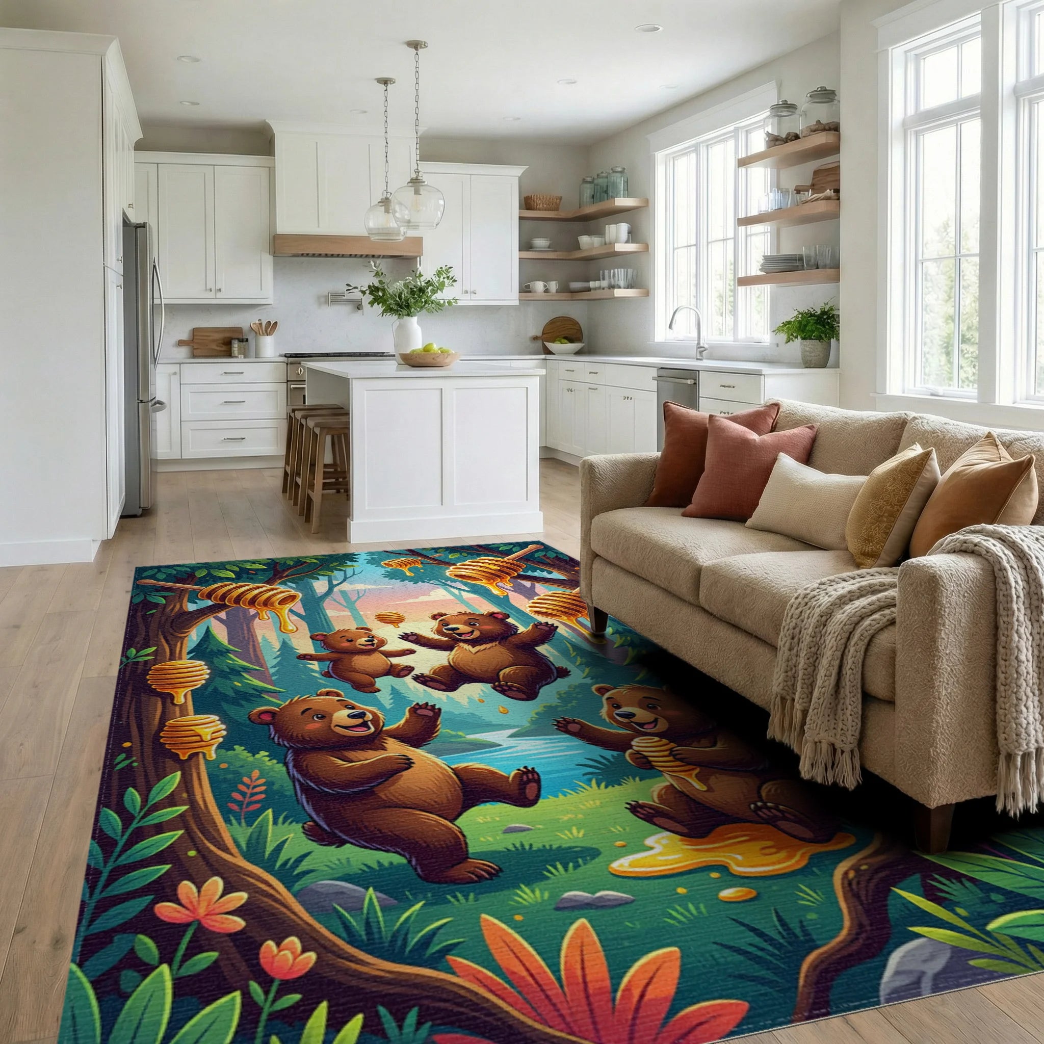 Whimsical Golden Bear Forest Scene Rug Living Room View