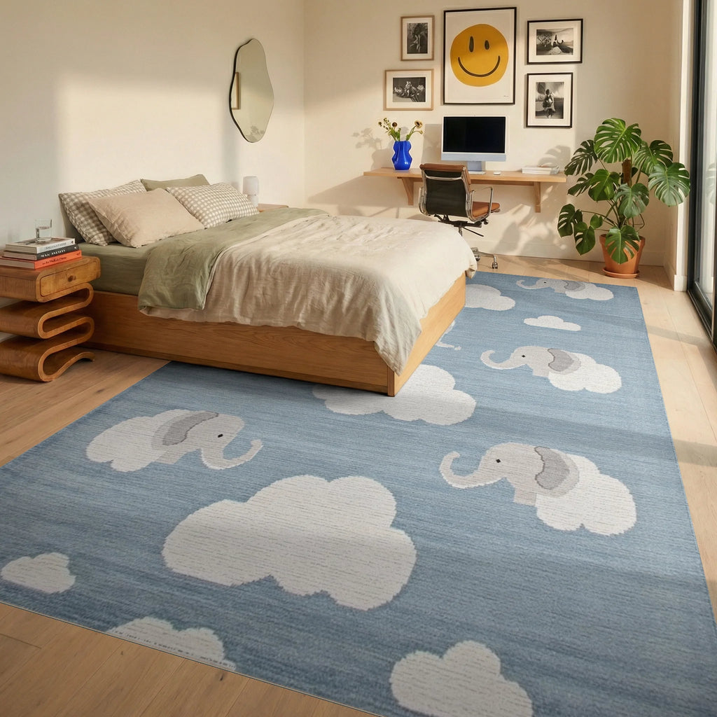 Whimsical Gray Elephant Cloud Sky Rug - Bedroom View
