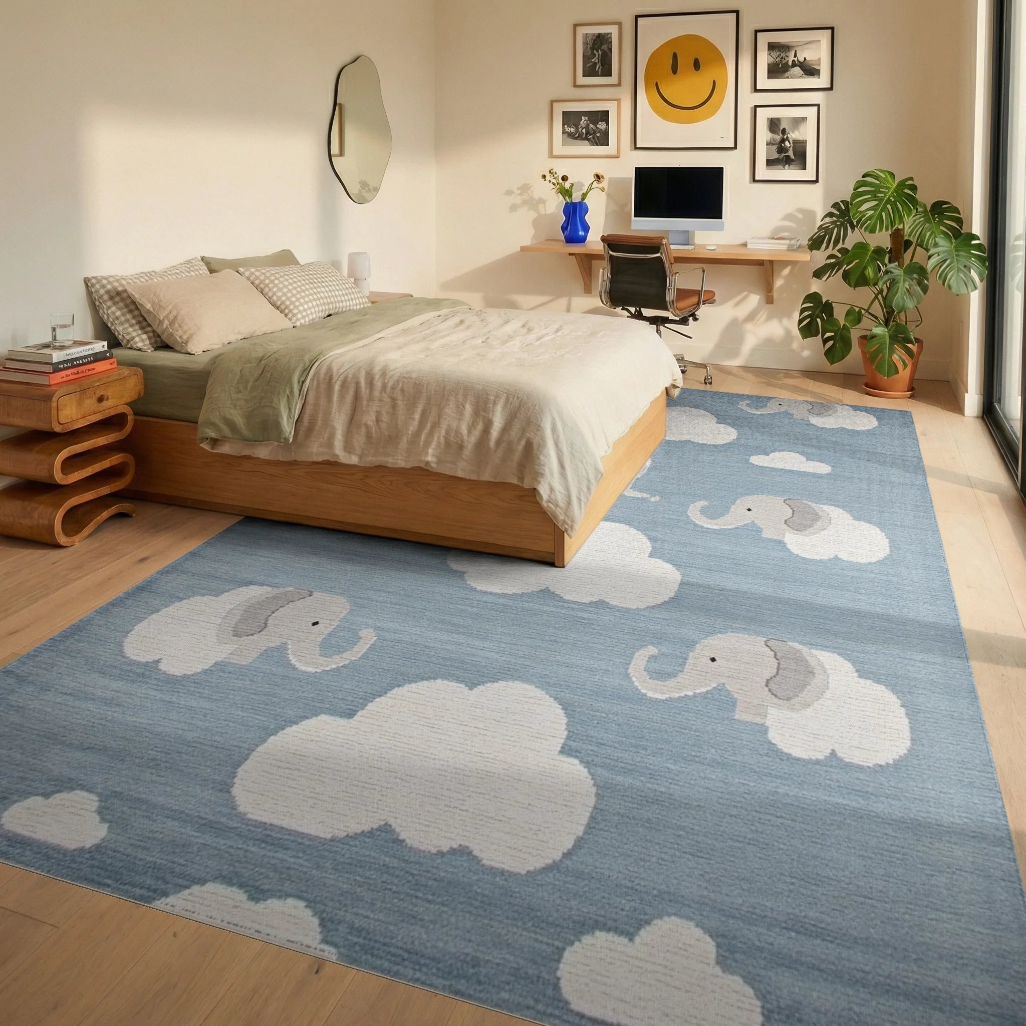 Whimsical Gray Elephant Cloud Sky Rug - Bedroom View