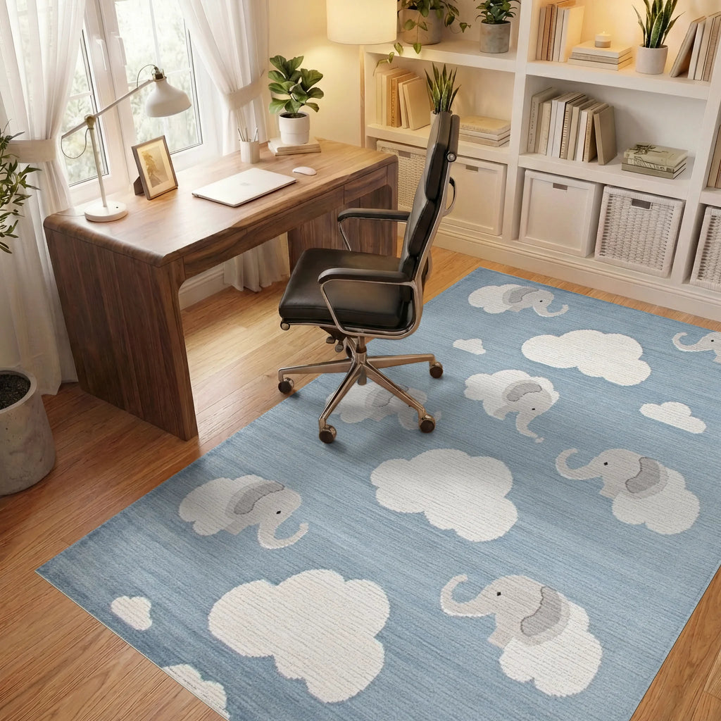 Whimsical Gray Elephant Cloud Sky Rug - Office View