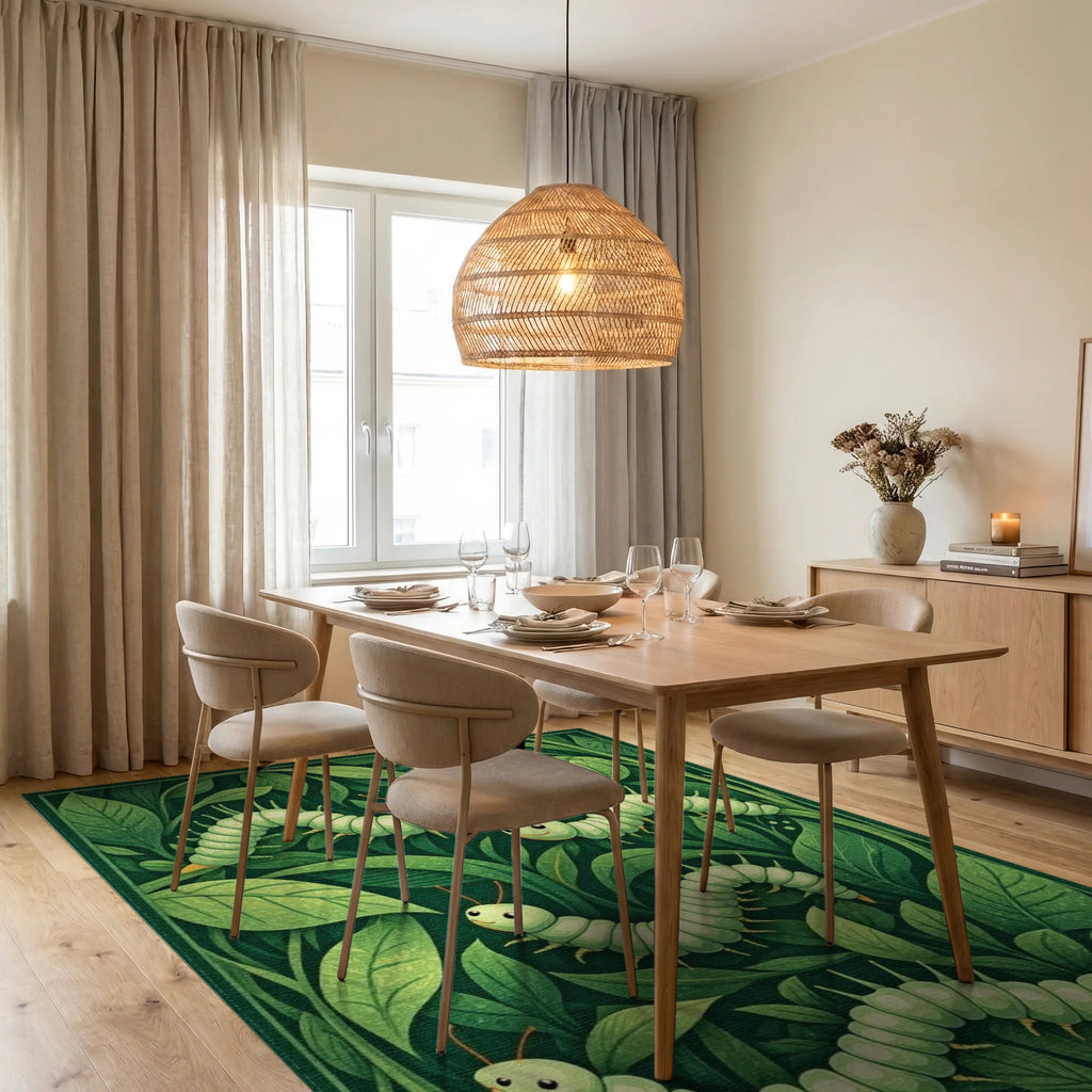 Whimsical Green Caterpillar Garden Rug - Dining Room View