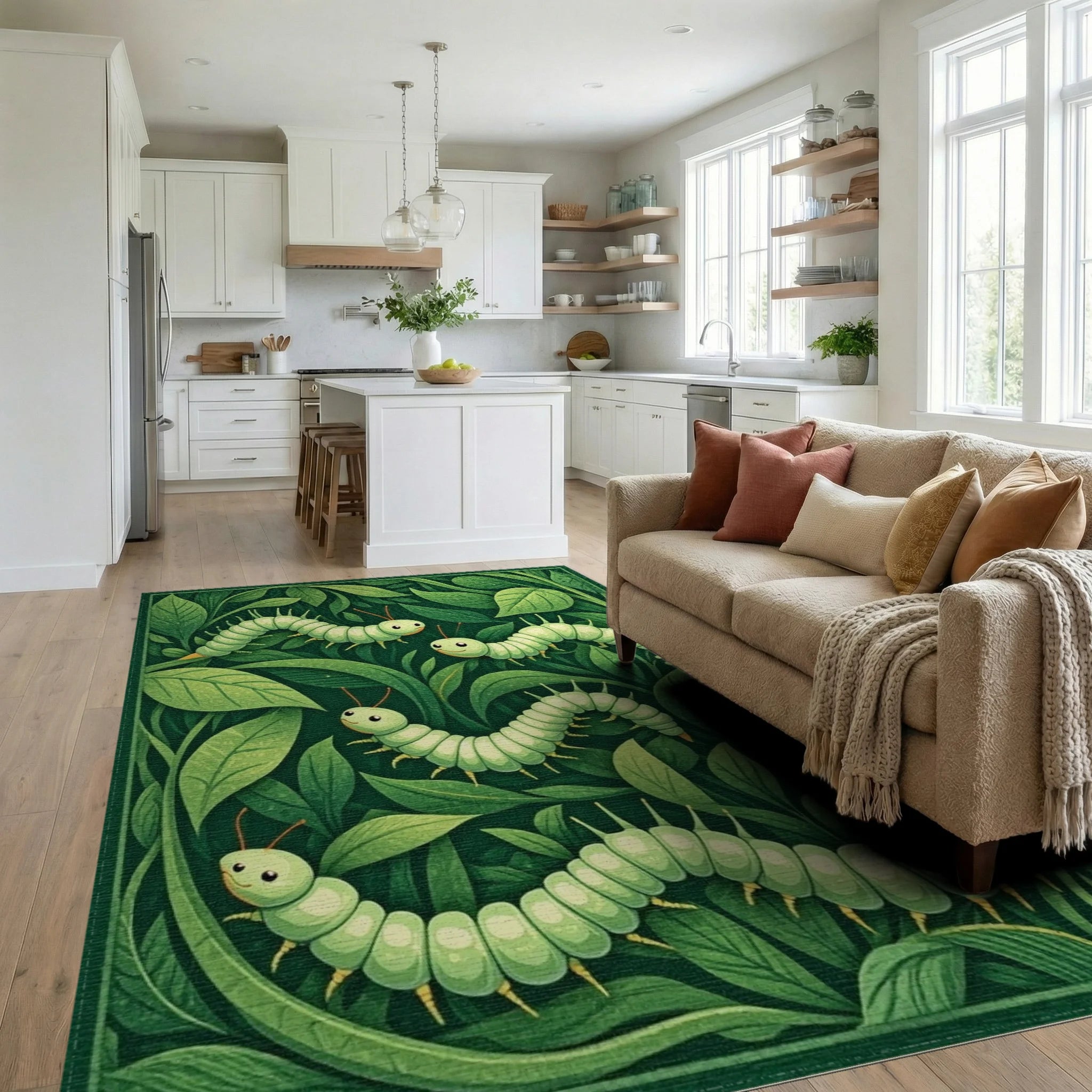 Whimsical Green Caterpillar Garden Rug - Living Room View