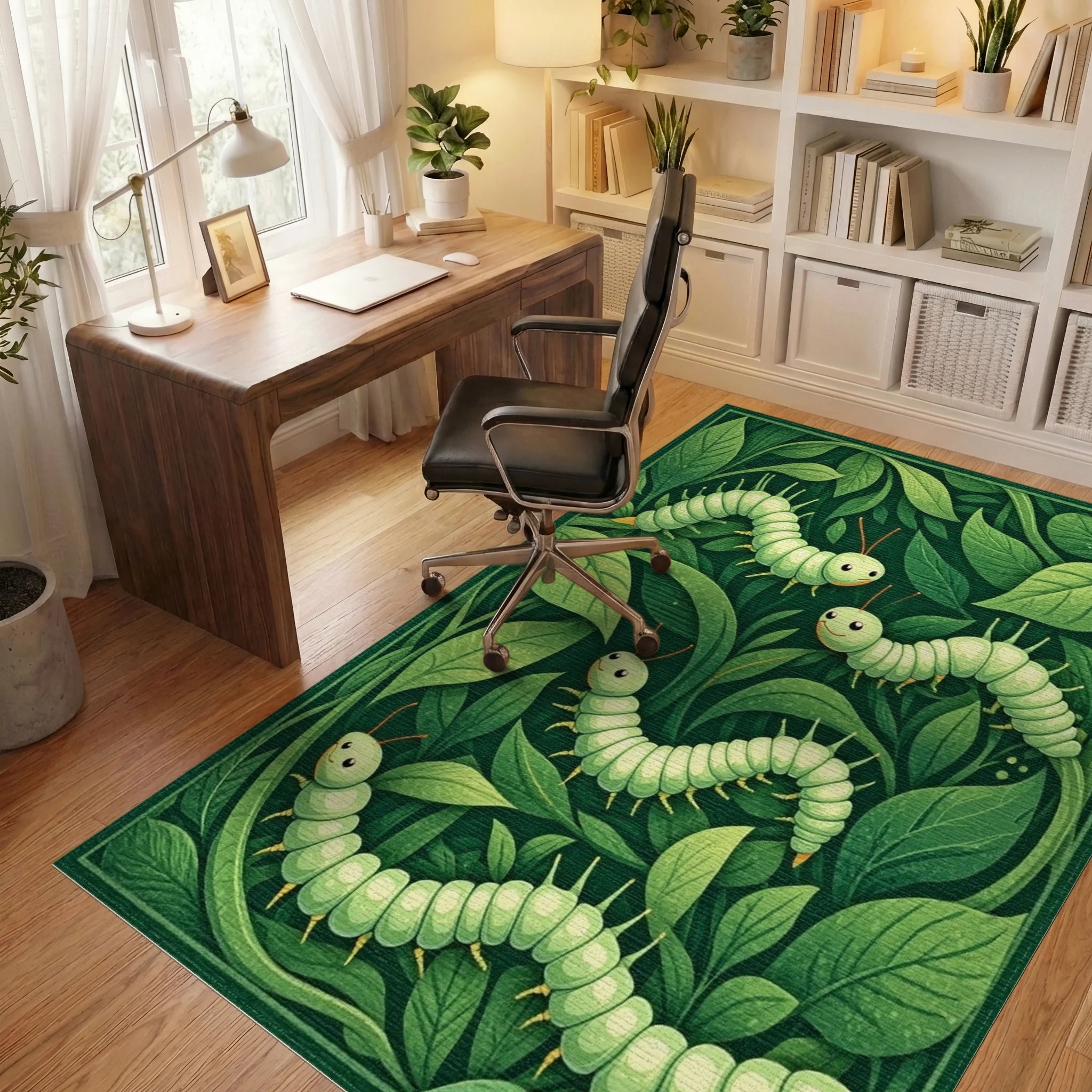 Whimsical Green Caterpillar Garden Rug - Office View