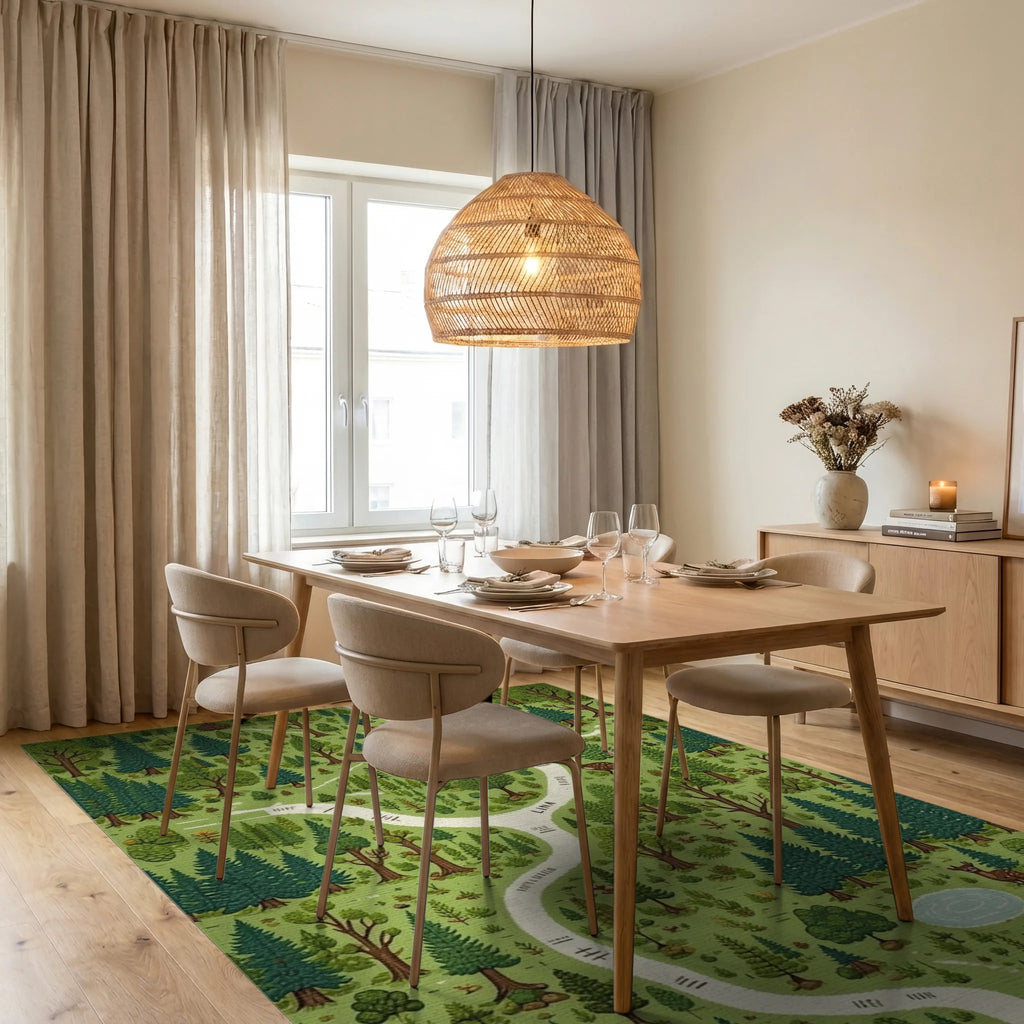 Whimsical Green Forest Path Rug - Dining Room View