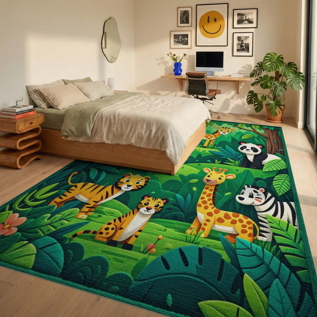 Whimsical Jungle Animals Green Forest Rug - Bedroom View