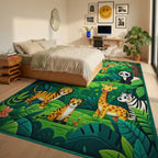 Whimsical Jungle Animals Green Forest Rug - Bedroom View