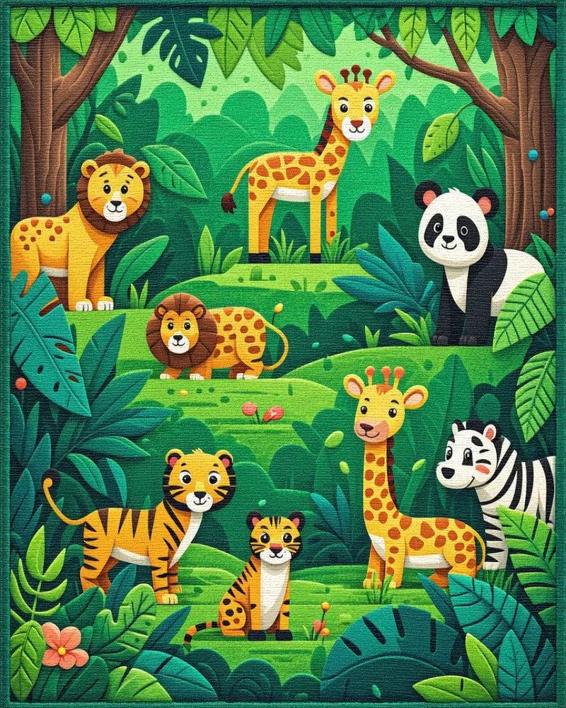 Whimsical Jungle Animals Green Forest Rug - Cutout View
