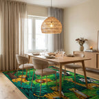 Whimsical Jungle Animals Green Forest Rug - Dining Room View