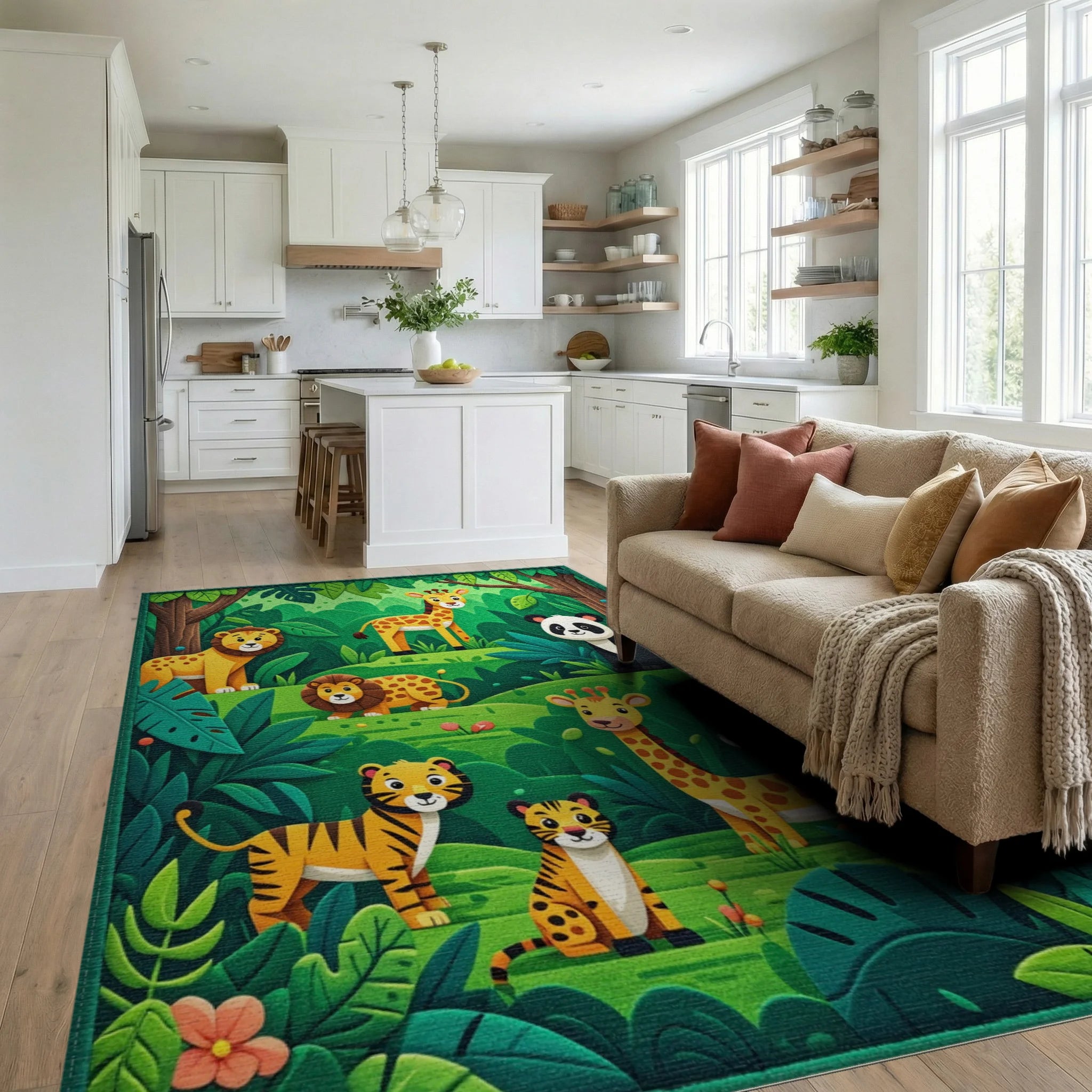 Whimsical Jungle Animals Green Forest Rug - Living Room View