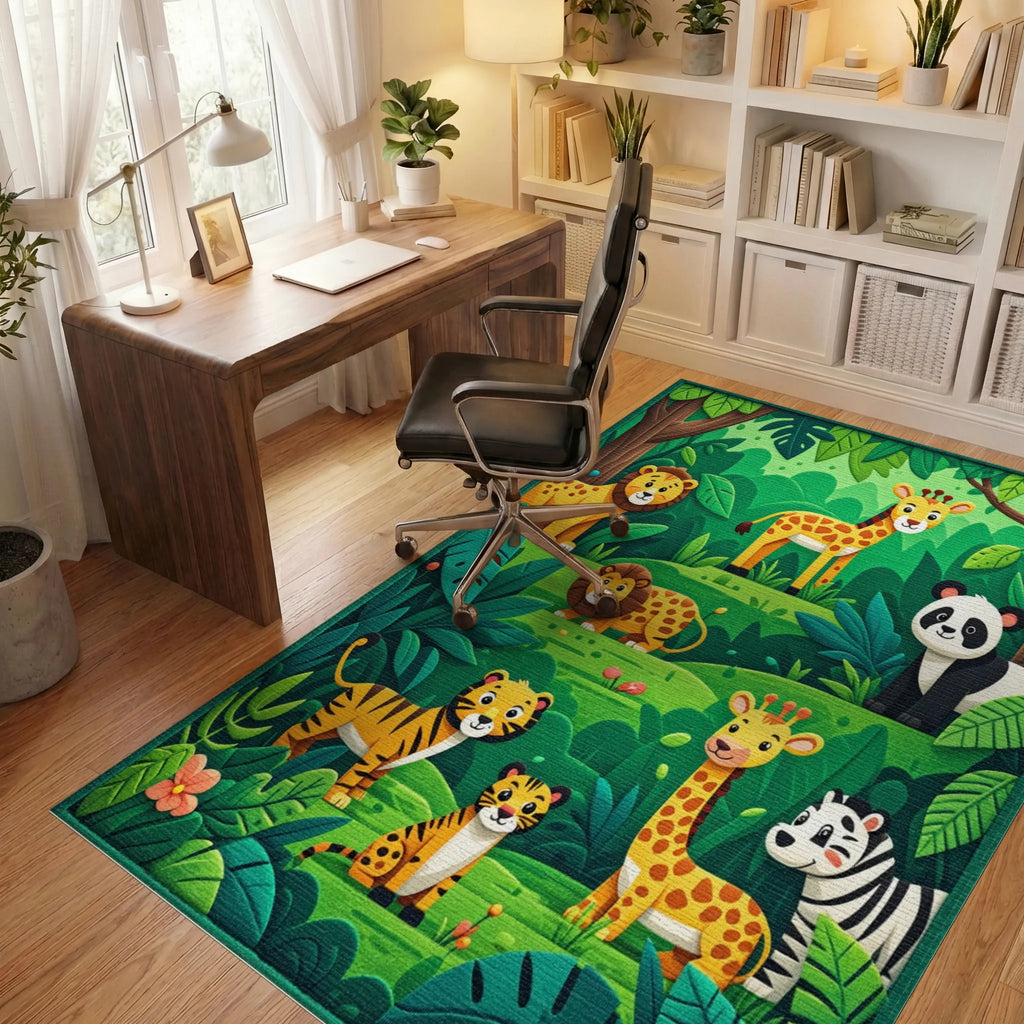Whimsical Jungle Animals Green Forest Rug - Office View