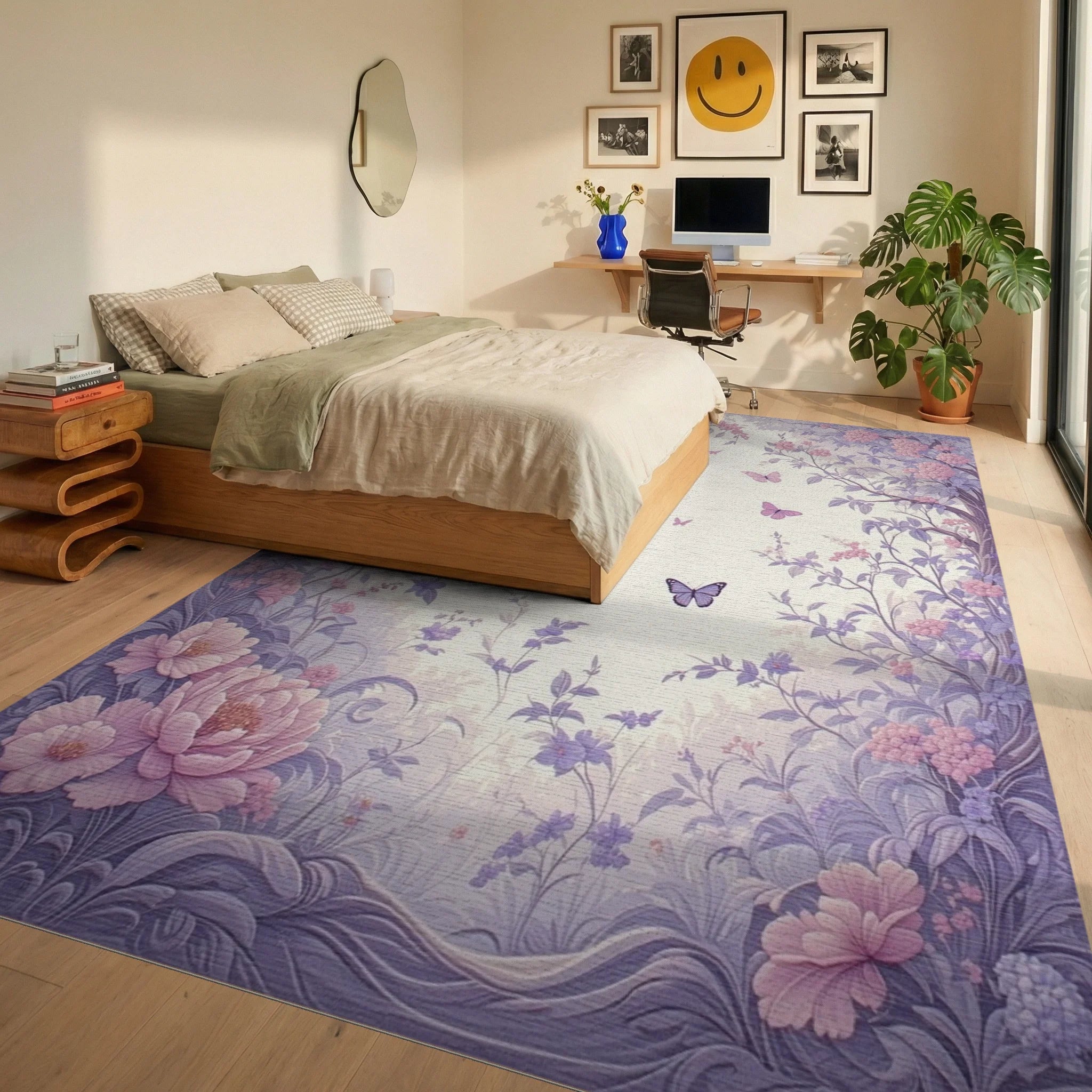 Whimsical Lavender Floral Butterfly Garden Rug Bedroom View