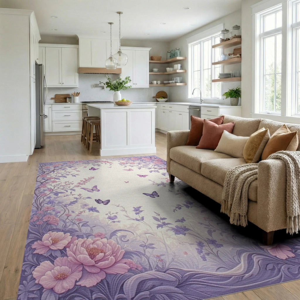 Whimsical Lavender Floral Butterfly Garden Rug Living Room View