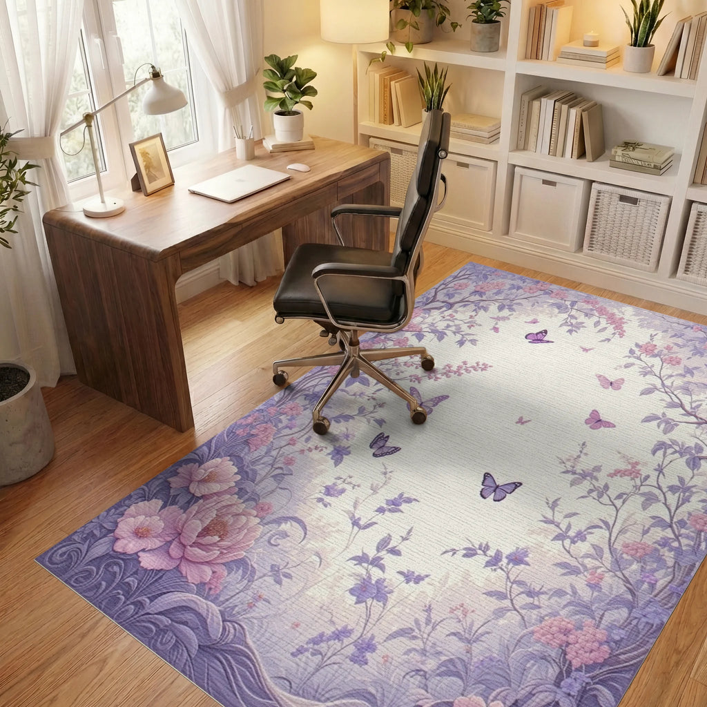 Whimsical Lavender Floral Butterfly Garden Rug Office View