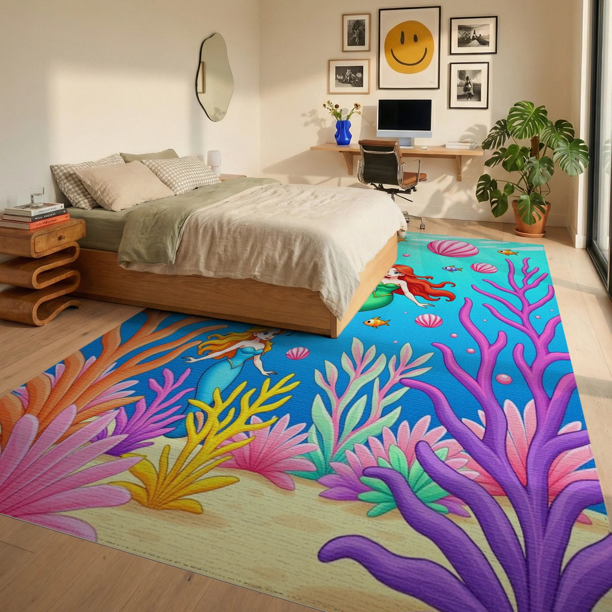 Whimsical Mermaid Coral Reef Undersea Adventure Rug Bedroom View