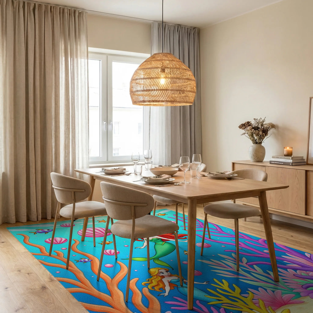Whimsical Mermaid Coral Reef Undersea Adventure Rug Dining Room View