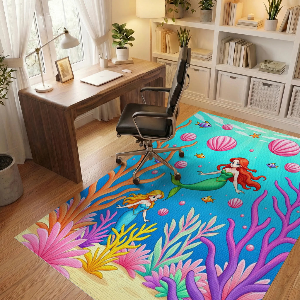 Whimsical Mermaid Coral Reef Undersea Adventure Rug Office View