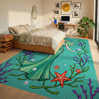 Whimsical Mermaid Seaweed Starfish Illustration Rug Bedroom View