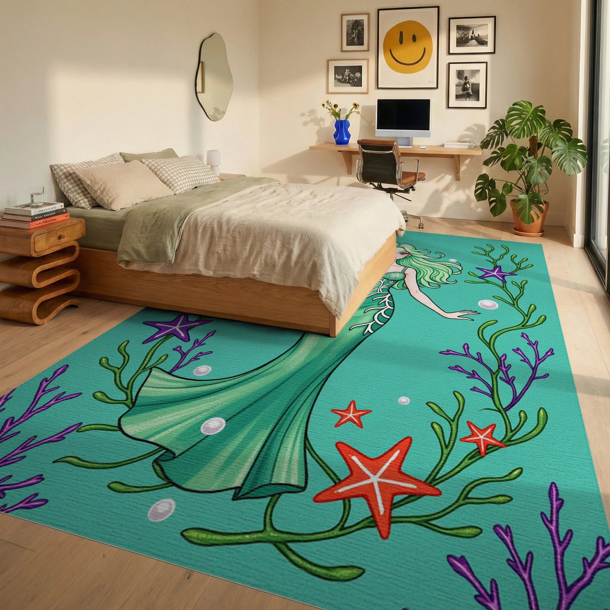 Whimsical Mermaid Seaweed Starfish Illustration Rug Bedroom View