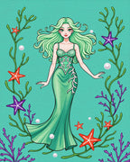 Whimsical Mermaid Seaweed Starfish Illustration Rug - Cutout View
