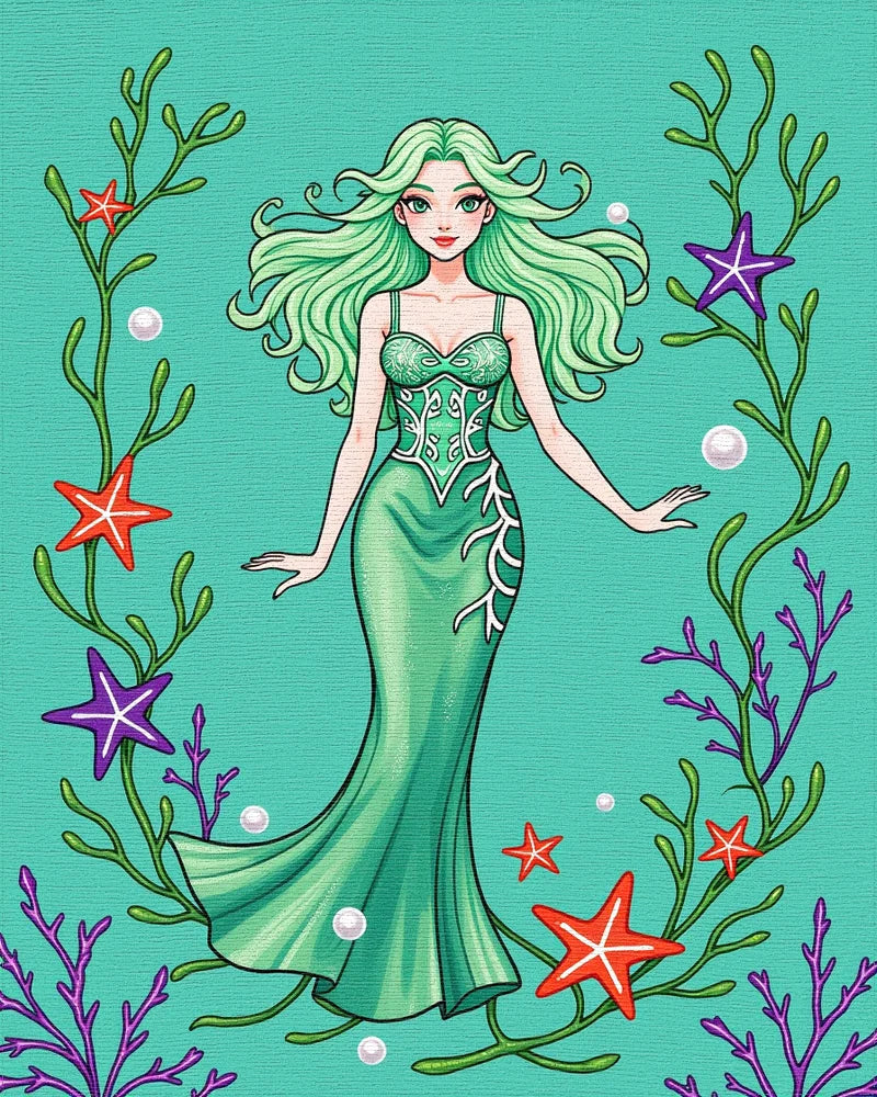 Whimsical Mermaid Seaweed Starfish Illustration Rug - Cutout View