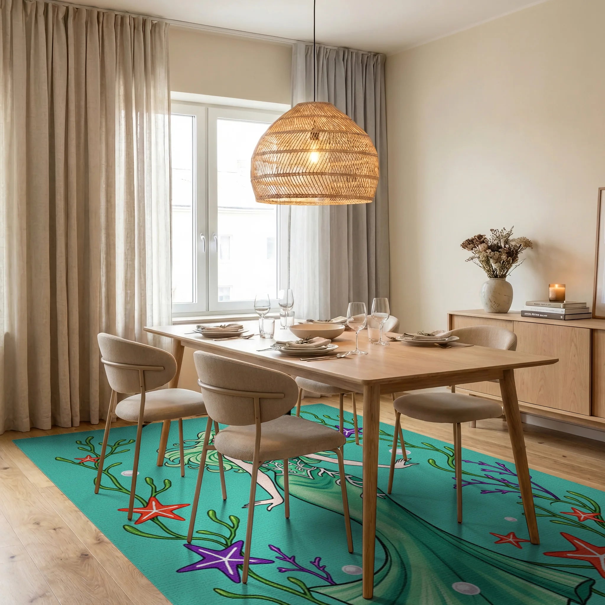 Whimsical Mermaid Seaweed Starfish Illustration Rug Dining Room View