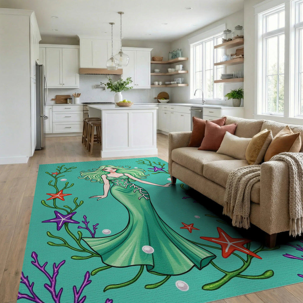 Whimsical Mermaid Seaweed Starfish Illustration Rug Living Room View