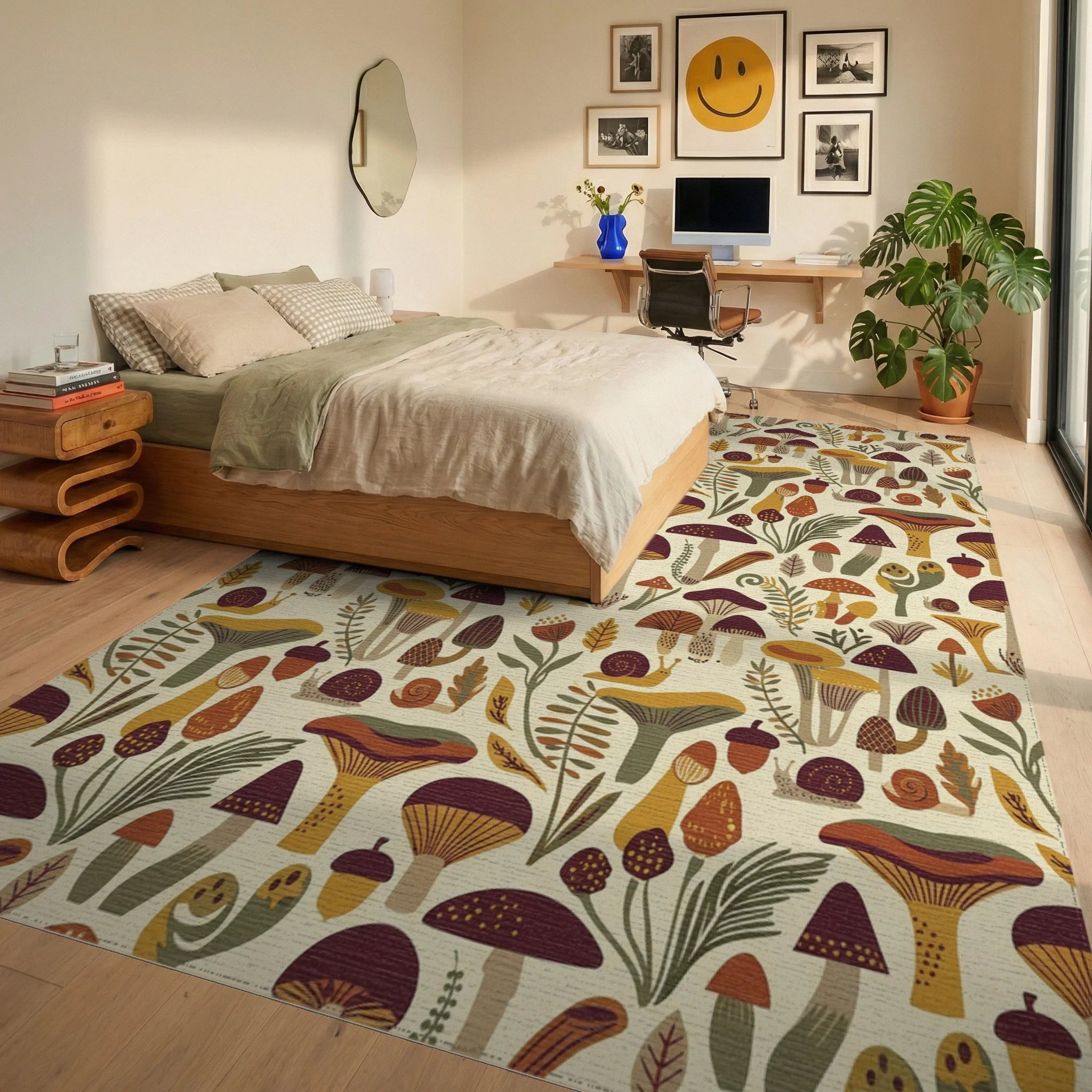 Whimsical Mushroom And Snail Forest Friends Rug Bedroom View