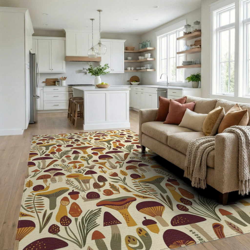 Whimsical Mushroom And Snail Forest Friends Rug Living Room View