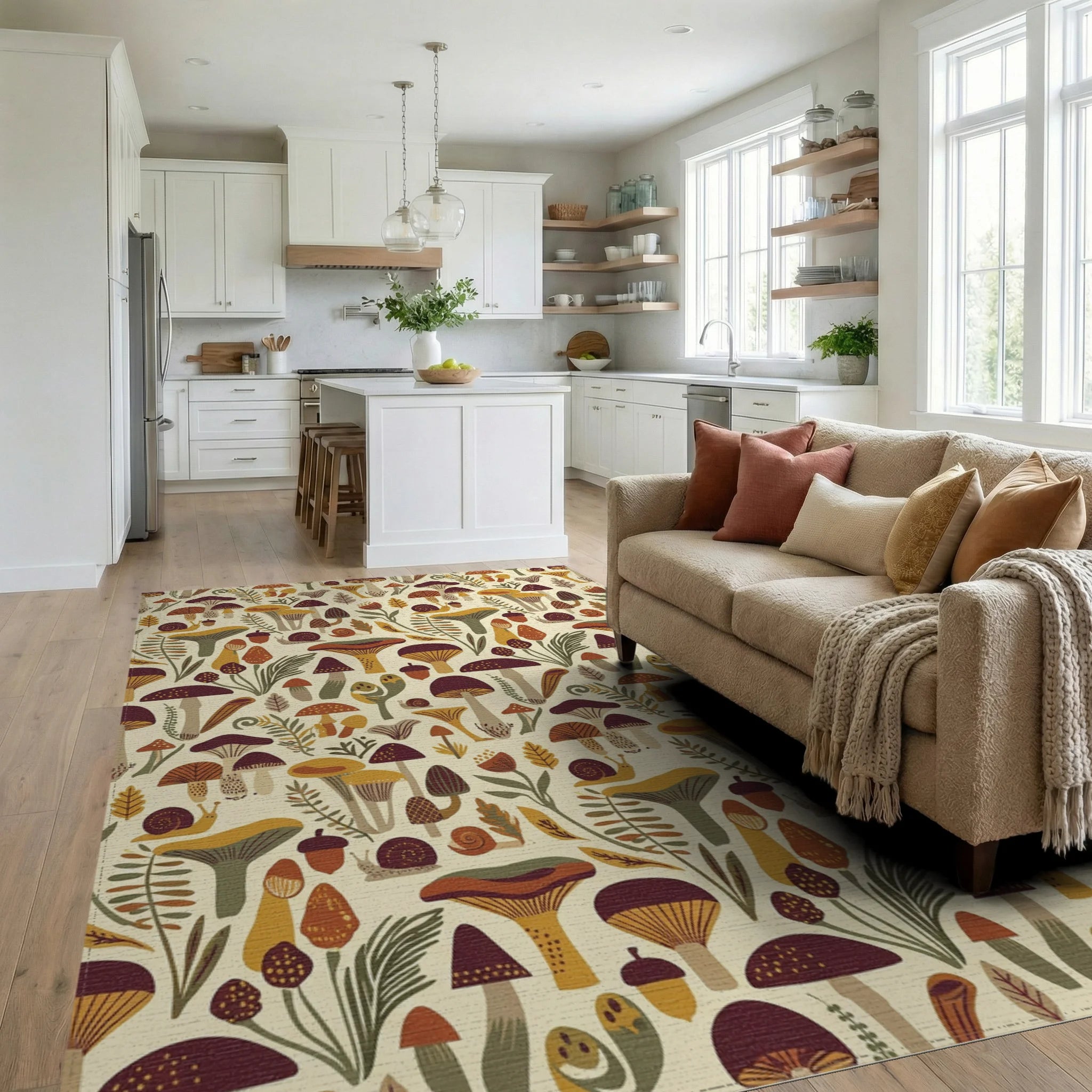 Whimsical Mushroom And Snail Forest Friends Rug Living Room View