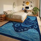 Whimsical Navy Octopus Waves Rug - Bedroom View