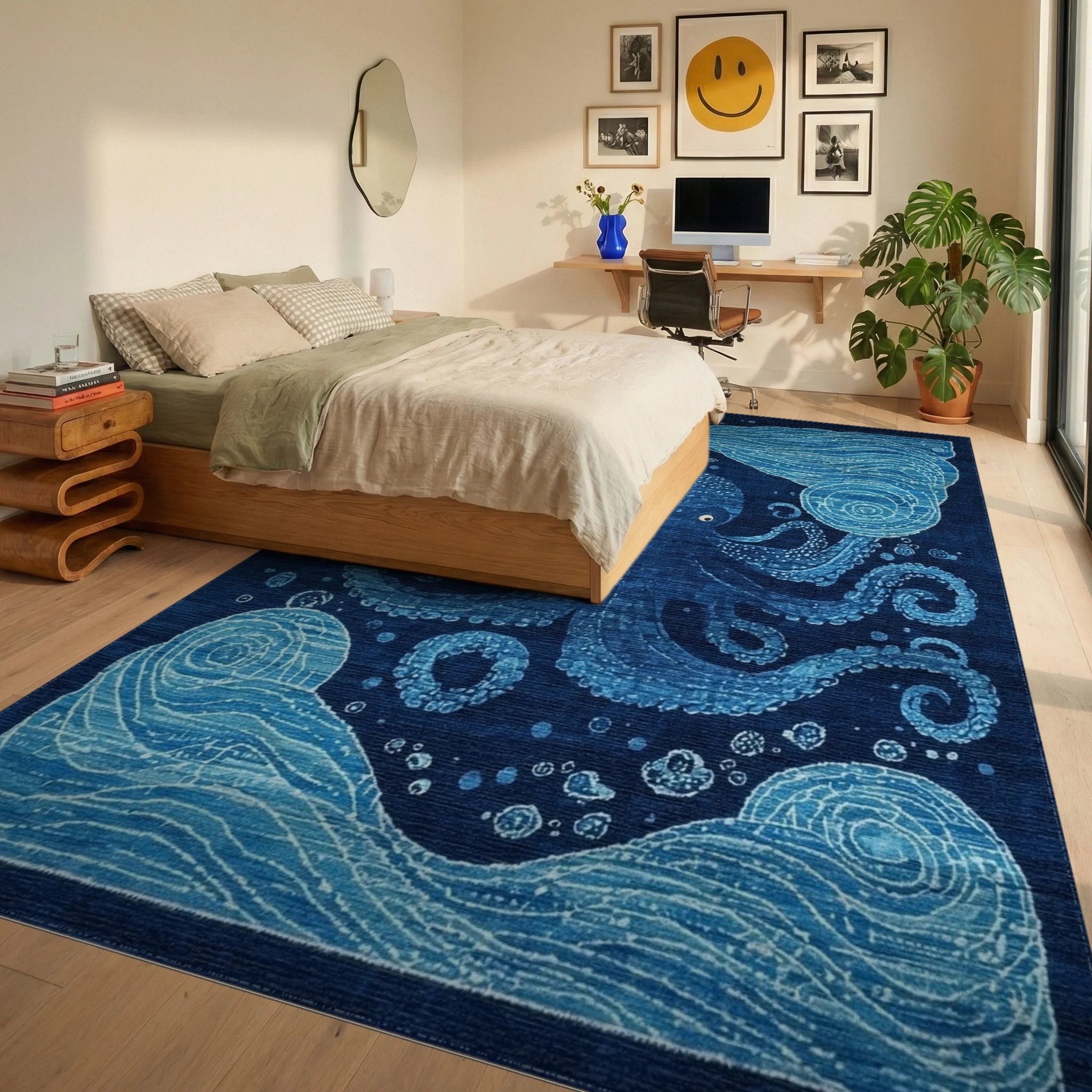 Whimsical Navy Octopus Waves Rug - Bedroom View