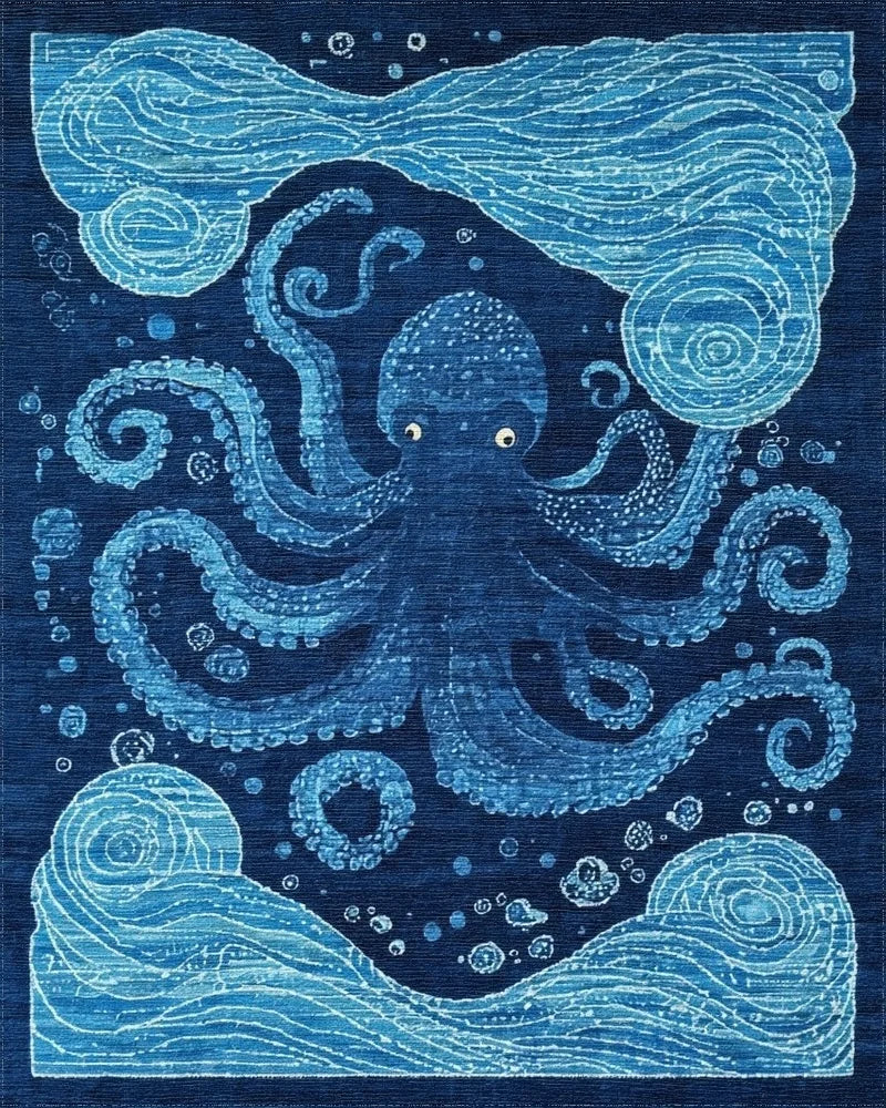 Whimsical Navy Octopus Waves Rug - Cutout View
