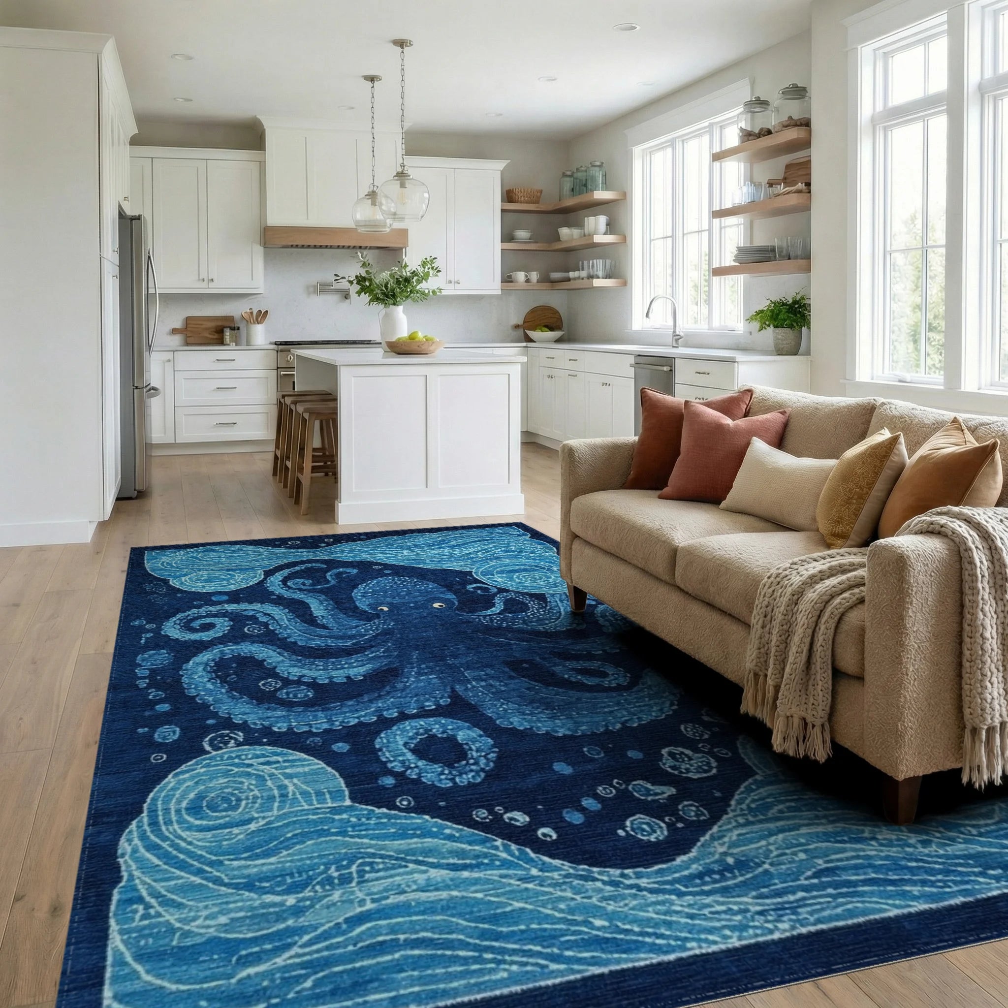 Whimsical Navy Octopus Waves Rug - Living Room View