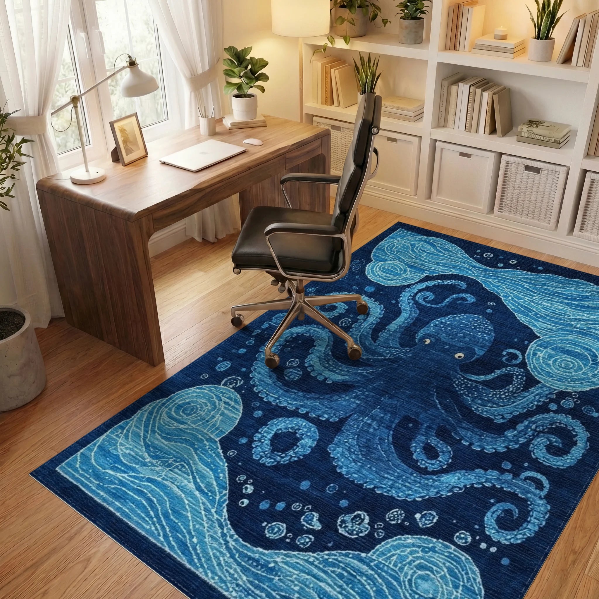 Whimsical Navy Octopus Waves Rug - Office View