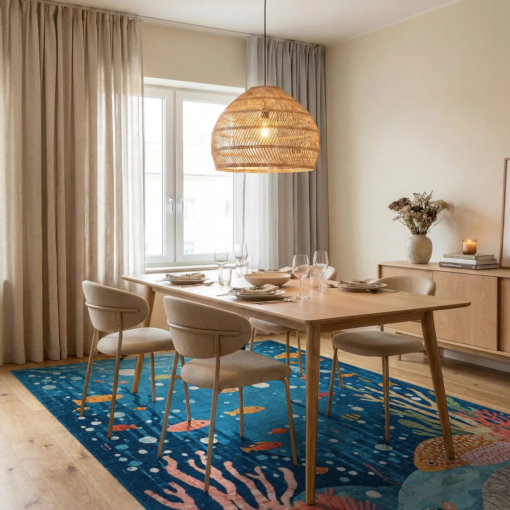 Whimsical Oceanic Coral Fish Bubbles Rug - Dining Room View