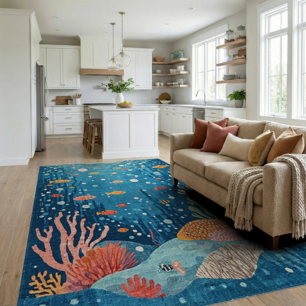 Whimsical Oceanic Coral Fish Bubbles Rug - Living Room View