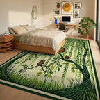 Whimsical Owl Family Forest Scene Rug - Bedroom View